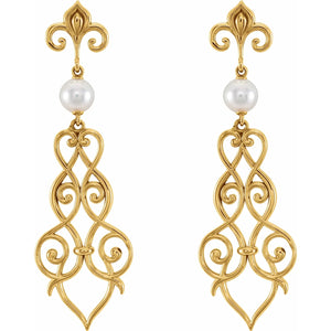 Fleur-De-Lis White Akoya Pearl Dangle Earrings In 14K Yellow Gold