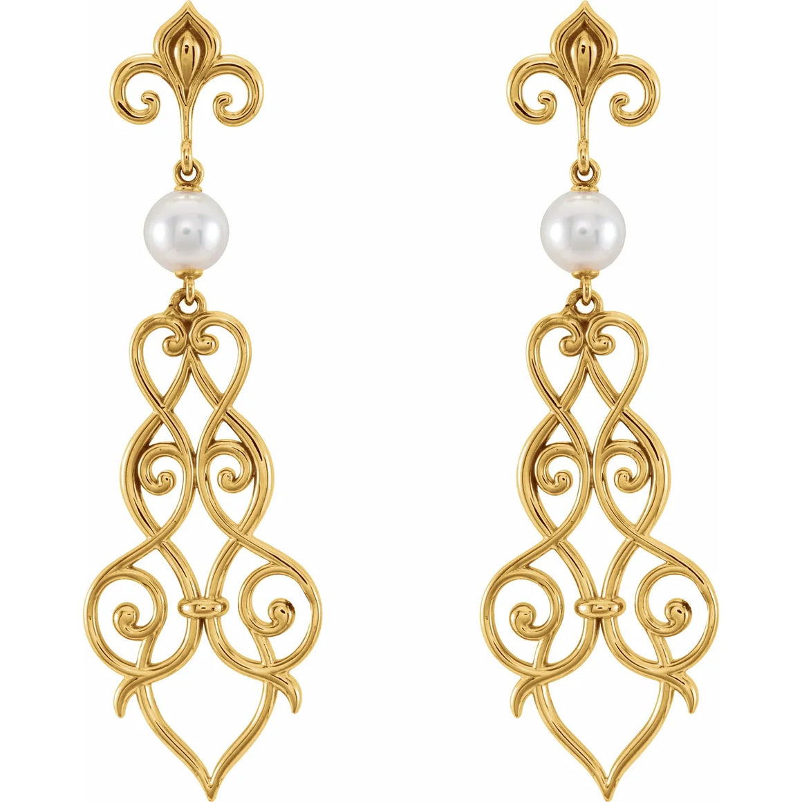 Fleur-De-Lis White Akoya Pearl Dangle Earrings In 14K Yellow Gold