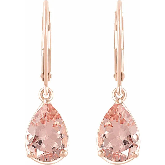 Natural Pear Shaped Morganite Solitaire Dangle Earrings In 14K Rose Gold