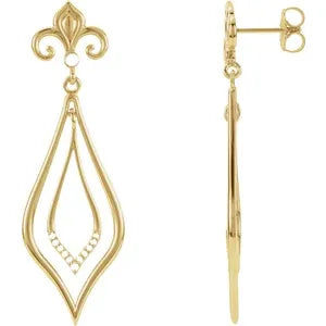 14K Yellow Gold And 1/10 Carat Natural Diamond Fleur-de-Lis Dangle Earrings