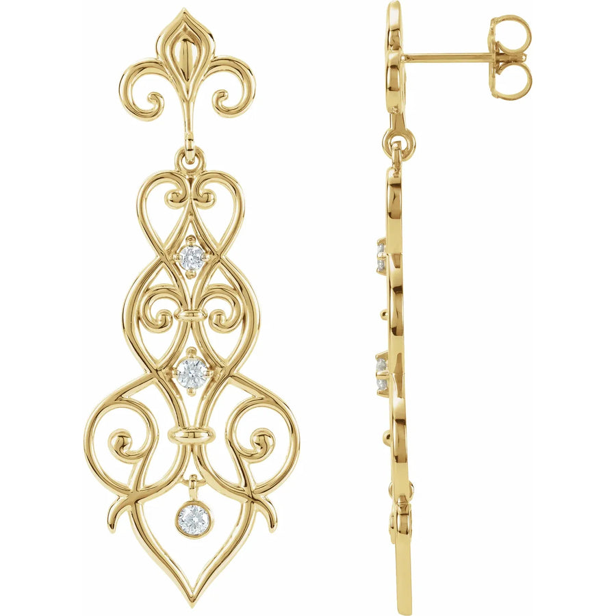 14K Yellow Gold 1/3 CTW Natural Diamond Fleur-de-Lis Drop And Dangle Earrings