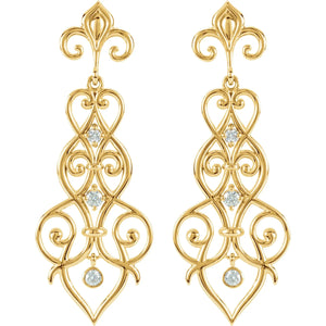 14K Yellow Gold 1/3 CTW Natural Diamond Fleur-de-Lis Drop And Dangle Earrings