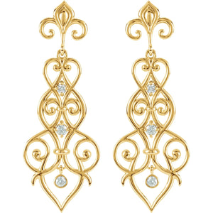 14K Yellow Gold 1/3 CTW Natural Diamond Fleur-de-Lis Drop And Dangle Earrings