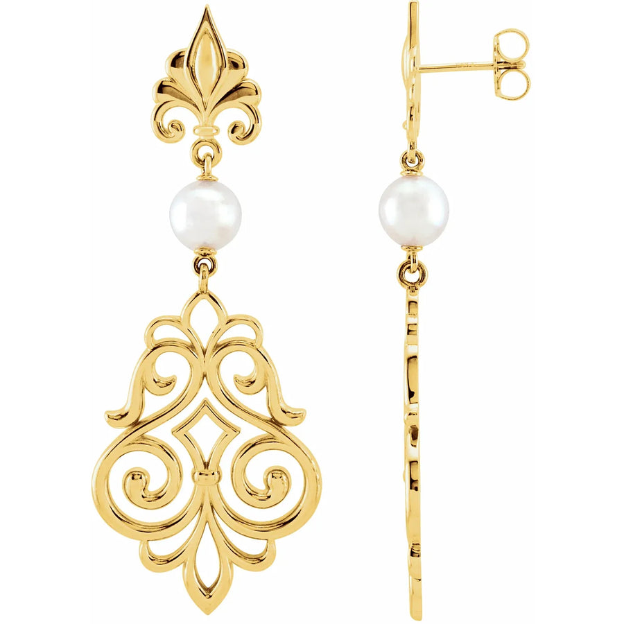 14K Yellow Gold Fleur De Lis Dangle Earrings With White Akoya Cultured Pearls