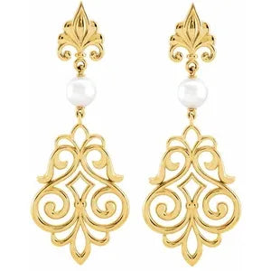 14K Yellow Gold Fleur De Lis Dangle Earrings With White Akoya Cultured Pearls