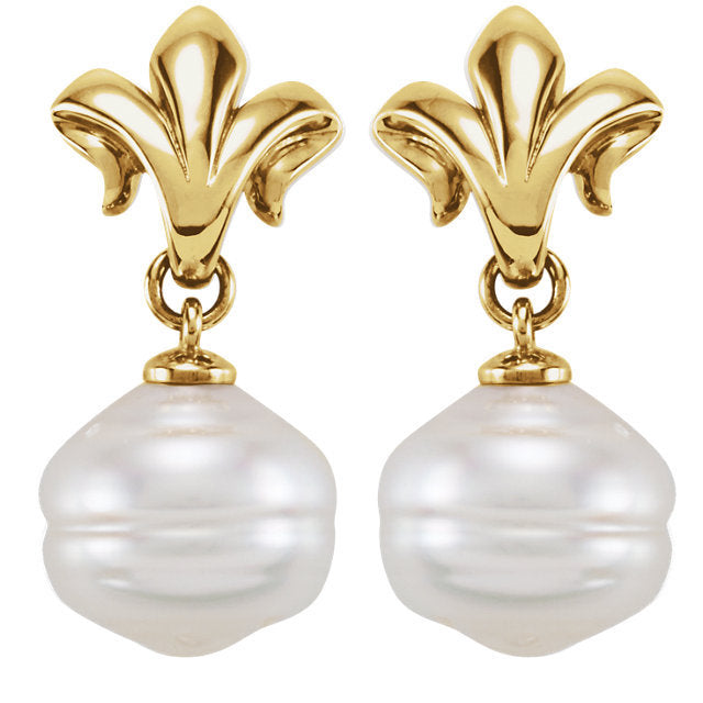 14K Yellow Gold Fleur De Lys Cultured Freshwater Pearl Drop Earrings