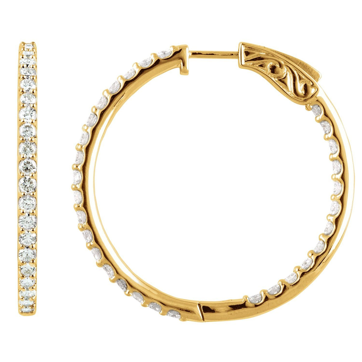 14K Gold Inside-Outside Natural White Diamond Hoop Earrings