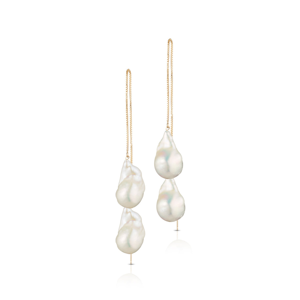 Extra Long Adjustable 14 - Karat Gold Filled Double White Baroque Freshwater Pearl Threader Earrings