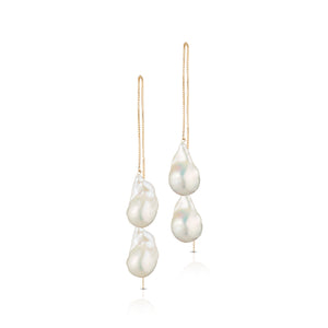 Extra Long Adjustable 14 - Karat Gold Filled Triple White Baroque Freshwater Pearl Threader Earrings