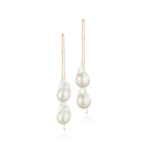 Extra Long Adjustable 14 - Karat Gold Filled Triple White Baroque Freshwater Pearl Threader Earrings