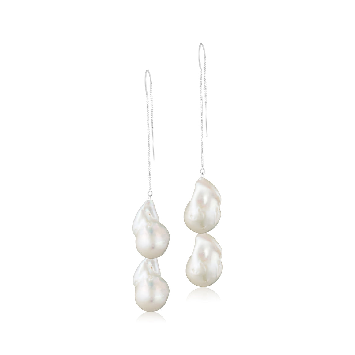 Sterling Silver Double White Baroque Freshwater Pearl Threader Earrings