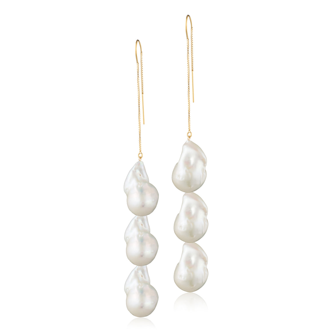 14 Karat Gold Filled Triple White Baroque Freshwater Pearl Threader Earrings