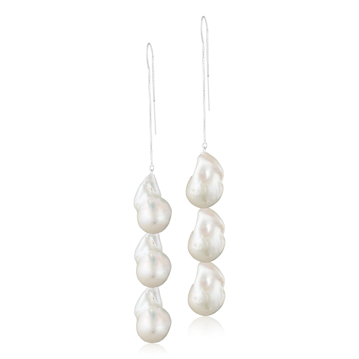 Sterling Silver Triple White Baroque Freshwater Pearl Threader Earrings