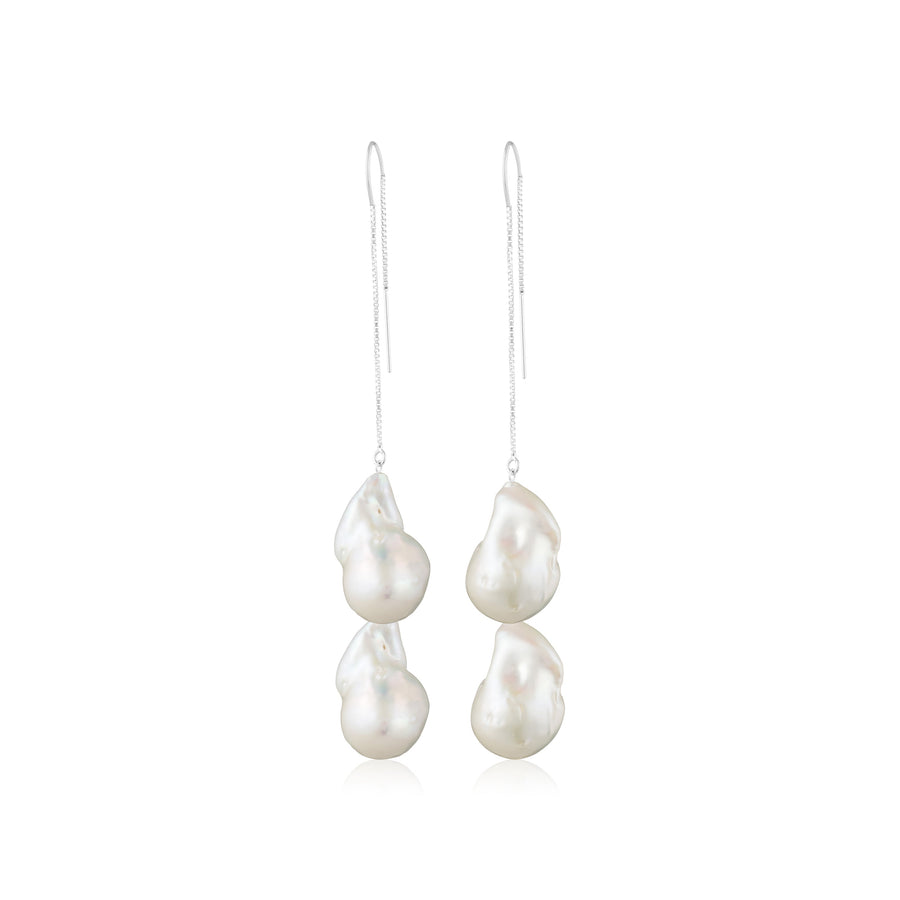 Sterling Silver Double White Baroque Freshwater Pearl Threader Earrings