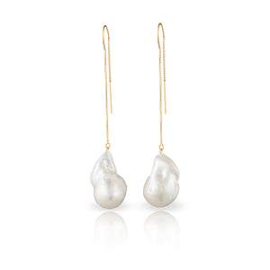 Large White Baroque Freshwater Pearl Drop And Dangle Threader Earrings In 14-Karat Yellow Gold Filled