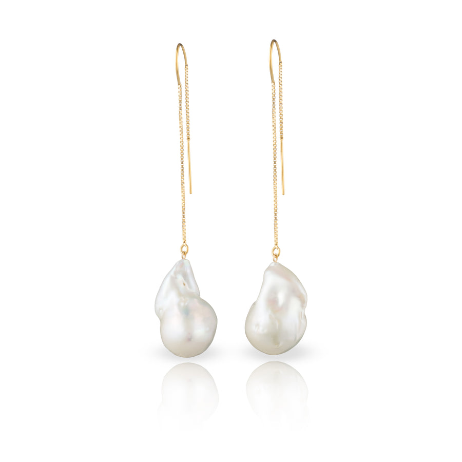 Large White Baroque Freshwater Pearl Drop And Dangle Threader Earrings In 14-Karat Yellow Gold Filled