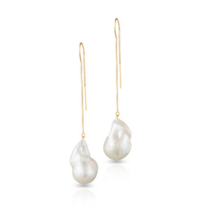 Large White Baroque Freshwater Pearl Drop And Dangle Threader Earrings In 14-Karat Yellow Gold Filled