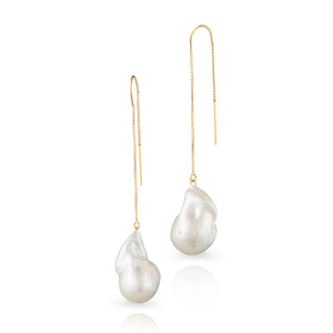 Large White Baroque Freshwater Pearl Drop And Dangle Threader Earrings In 14-Karat Yellow Gold Filled