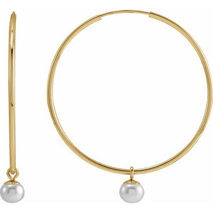 14K Gold Cultured Pearl Charm Hoop Earrings