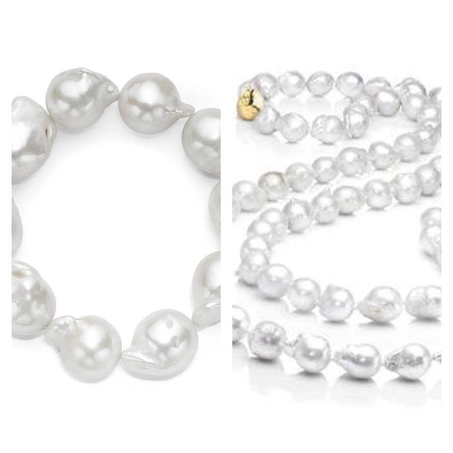 Les Trois Corniches Long White Baroque Freshwater Pearl Necklace And Stretch Bracelet Set