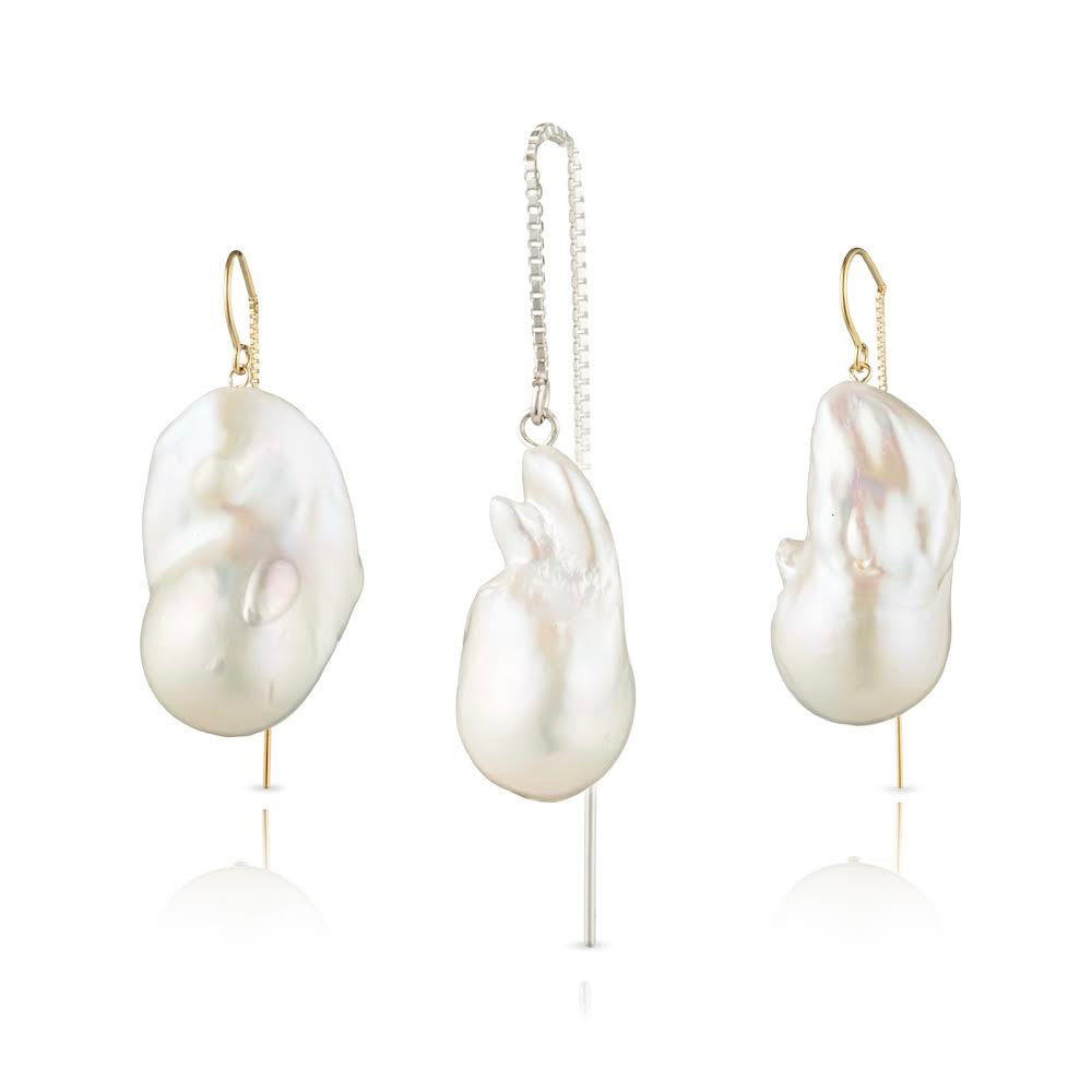 Extra Large White Baroque Freshwater Pearl Single Threader Earrings