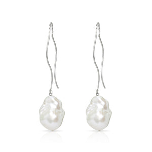 Waves Large White Baroque Freshwater Pearl Threader Earrings In Sterling Silver