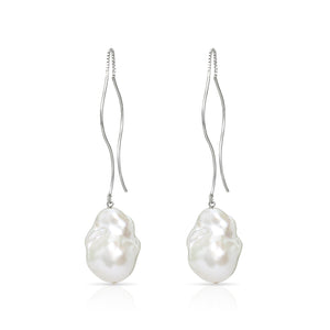 Waves Large White Baroque Freshwater Pearl Threader Earrings In Sterling Silver