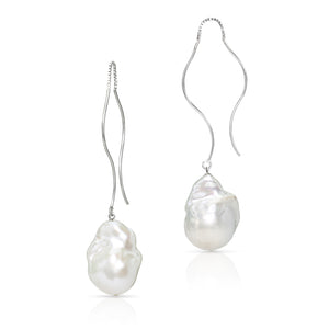 Waves Large White Baroque Freshwater Pearl Threader Earrings In Sterling Silver
