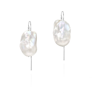 XXL Runway Size Baroque Freshwater Pearl Drop Threader Earrings 14K White Gold