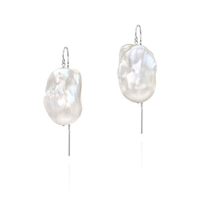 XXL Runway Size 14K White Baroque Freshwater Pearl Drop Threader Earrings Sterling Silver