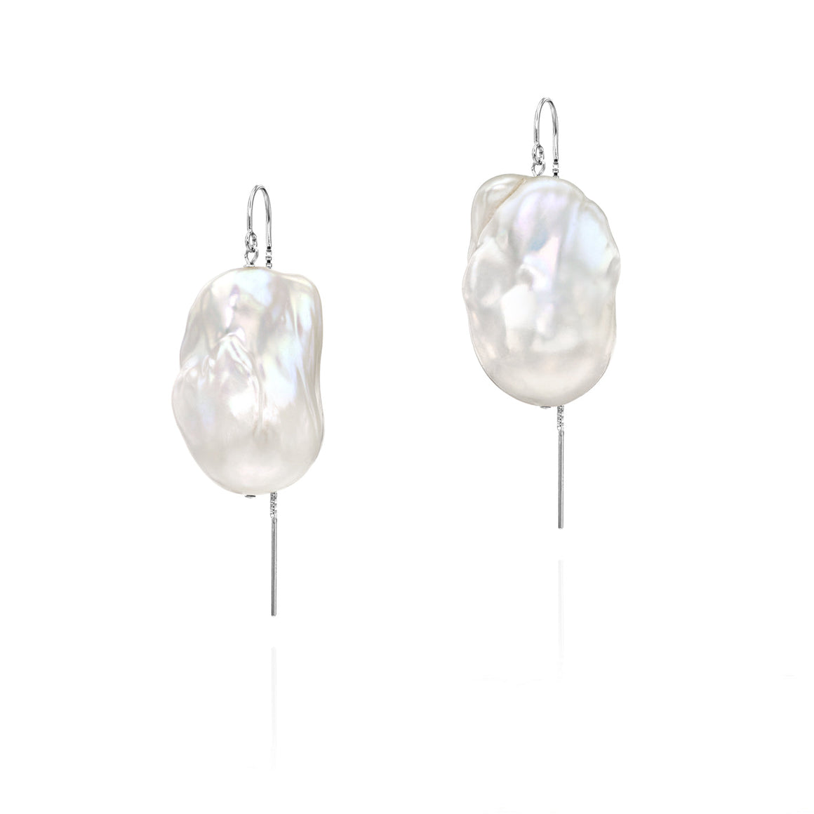 XXL Runway Size 14K White Baroque Freshwater Pearl Drop Threader Earrings Sterling Silver