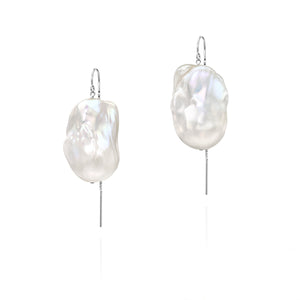 XXL Runway Size 14K White Baroque Freshwater Pearl Drop Threader Earrings 14K White Gold