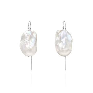 XXL Runway Size Baroque Freshwater Pearl Drop Threader Earrings 14K White Gold