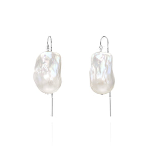 XXL Runway Size 14K White Gold Baroque Freshwater Pearl Drop Threader Earrings