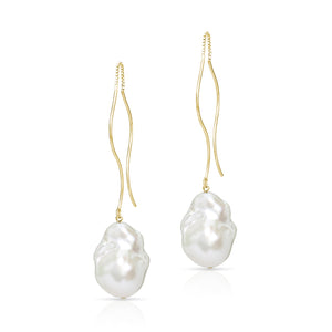 Waves Large White Baroque Freshwater Pearl Threader Earrings in 14K Gold Vermeil