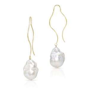 Waves Large White Baroque Freshwater Pearl Threader Earrings in 14K Gold Vermeil