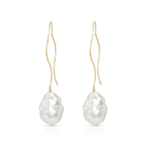 Waves Large White Baroque Freshwater Pearl Threader Earrings in 14K Gold Vermeil