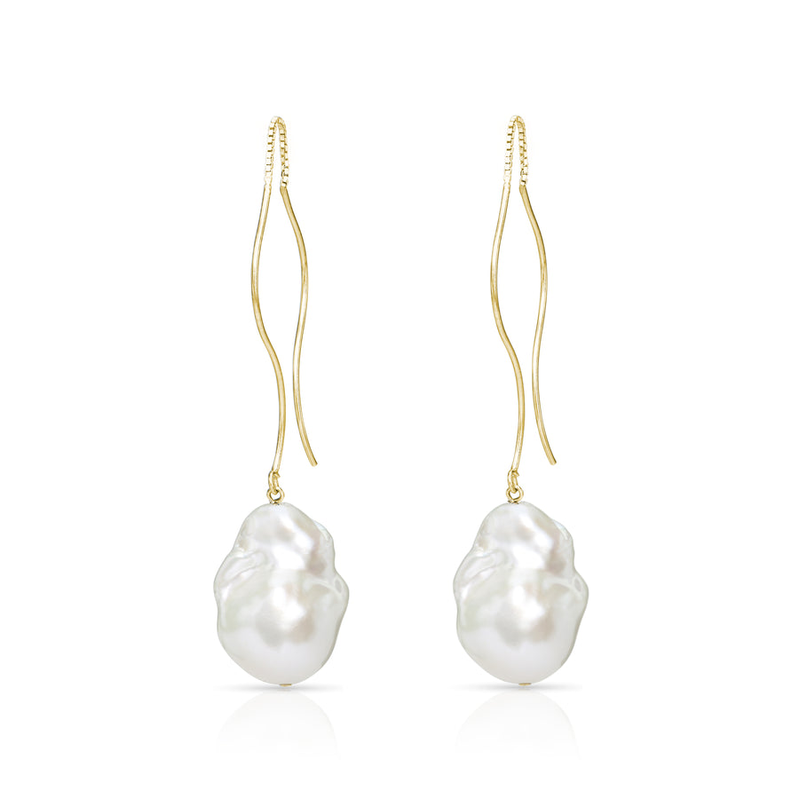 Waves Large White Baroque Freshwater Pearl Threader Earrings in 14K Gold Vermeil