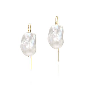 Large White Baroque Freshwater Pearl Drop Threader Earrings In 14K Yellow Gold-Filled