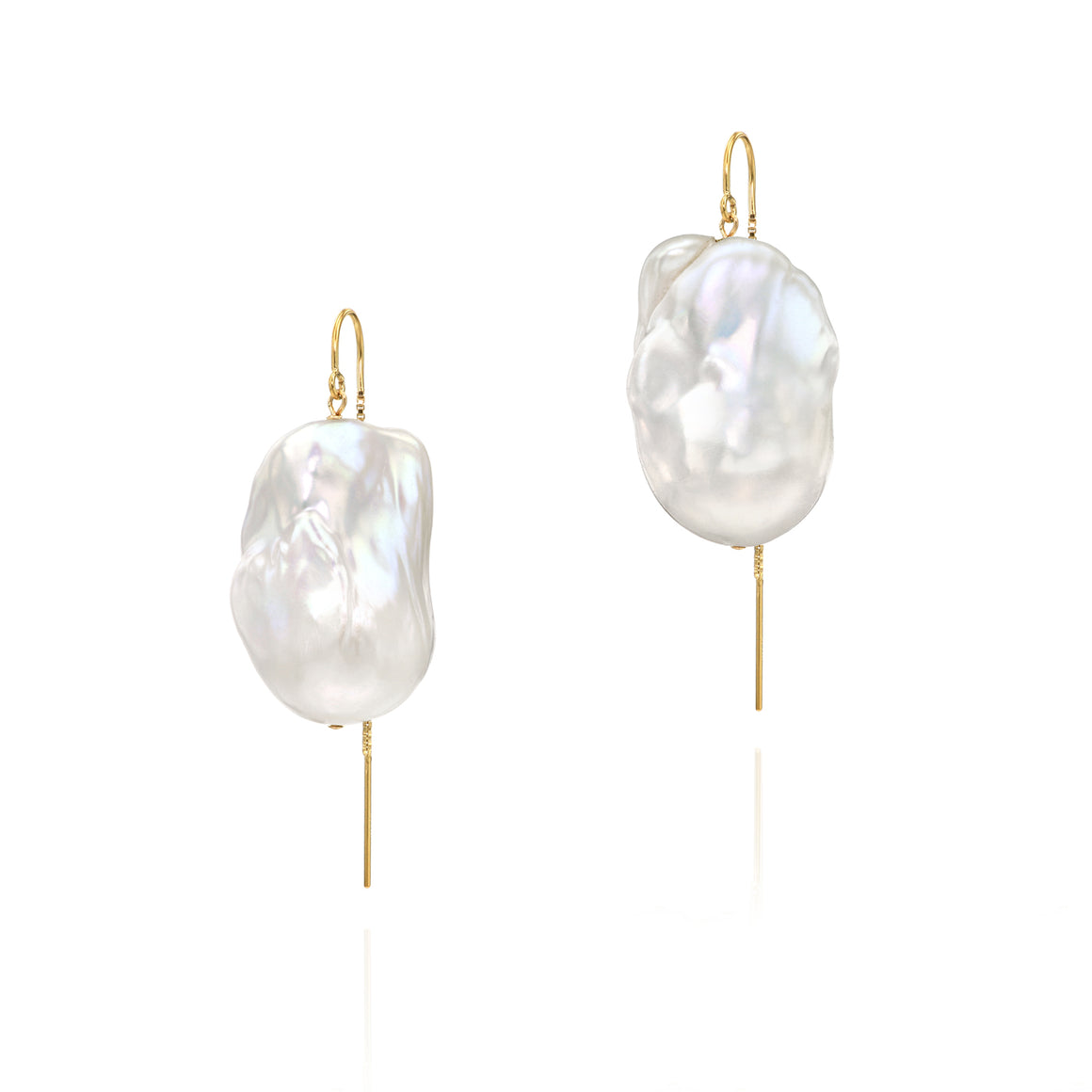 XXL Runway Size White Baroque Freshwater Pearl Drop Threader Earrings 14K Yellow Gold
