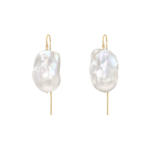 XXL Runway Size White Baroque Freshwater Pearl Drop Threader Earrings 14K Yellow Gold