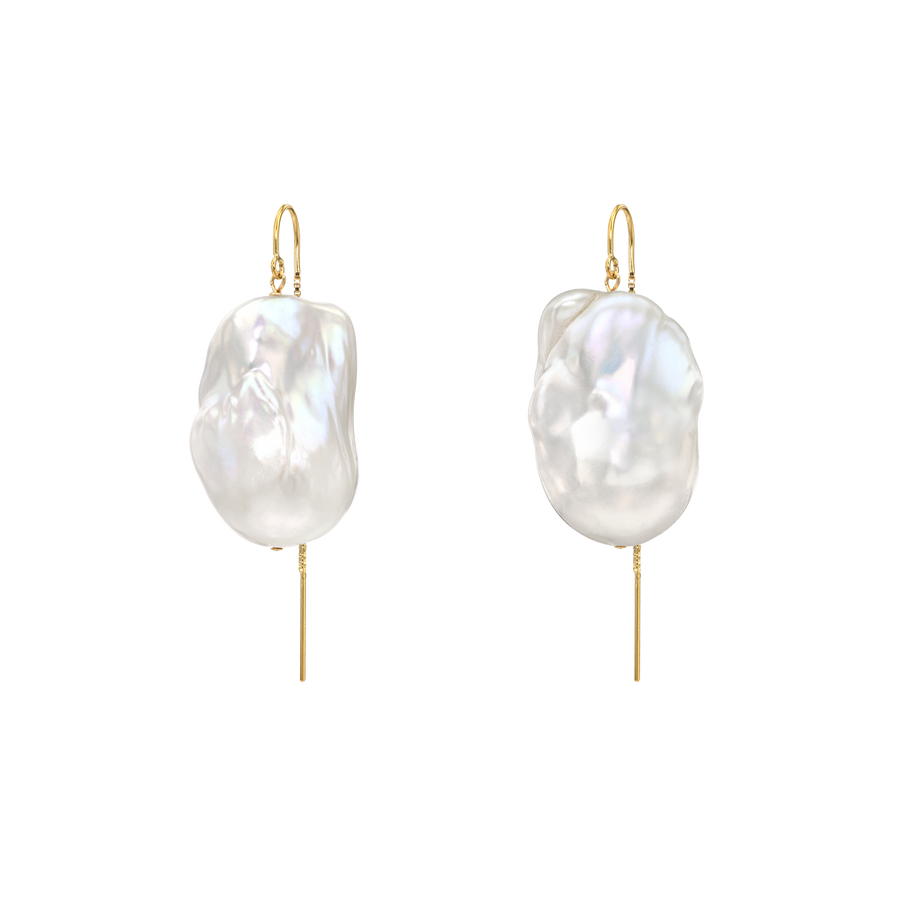 XXL Runway Size White Baroque Freshwater Pearl Drop Threader Earrings 14K Yellow Gold-Filled