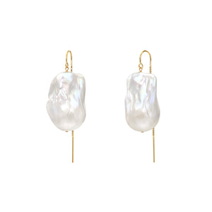 XXL Runway Size White Baroque Freshwater Pearl Drop Threader Earrings 14K Yellow Gold