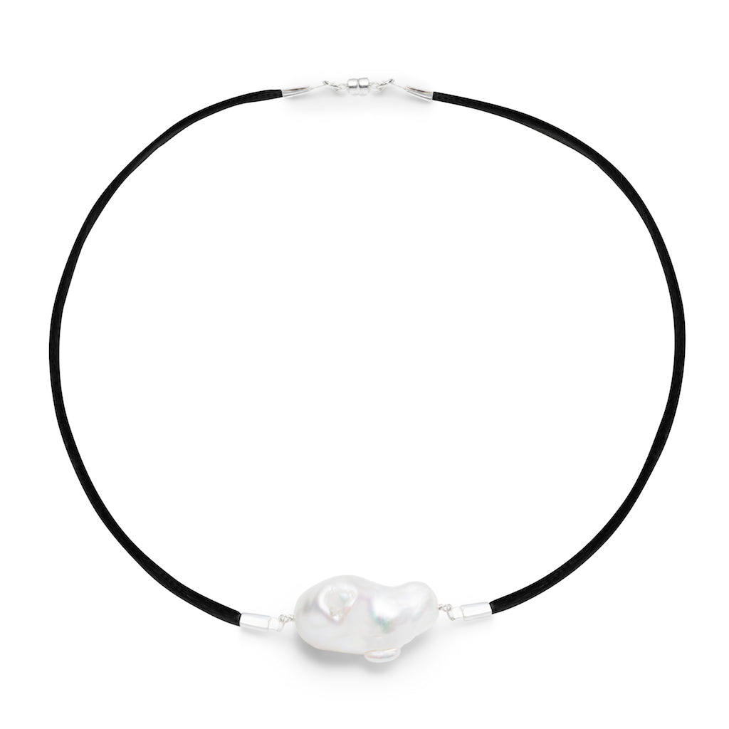 Baroque Freshwater Pearl & Satin Choker Necklace - Silver