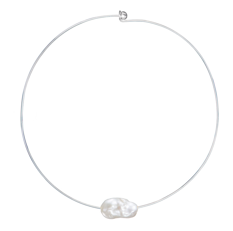 Large  Baroque Freshwater Fireball Floating Pearl Silver Plated Neck Collar