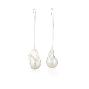 Large White Baroque Freshwater Pearl Drop And Dangle Threader Earrings In Sterling Silver