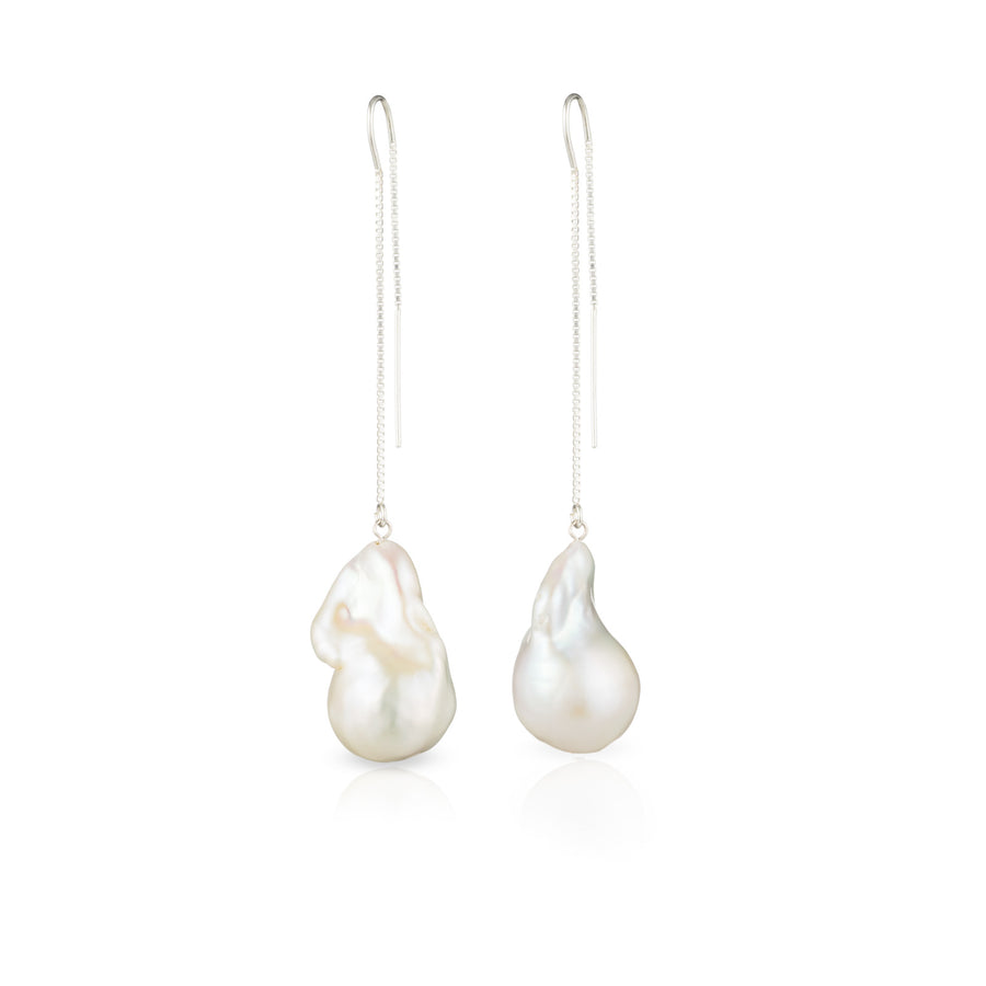 Large White Baroque Freshwater Pearl Drop And Dangle Threader Earrings In Sterling Silver