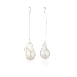 Large White Baroque Freshwater Pearl Threader Earrings In Sterling Silver