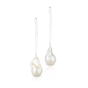Large White Baroque Freshwater Pearl Drop And Dangle Threader Earrings In Sterling Silver