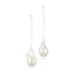 Large White Baroque Freshwater Pearl Threader Earrings In Sterling Silver